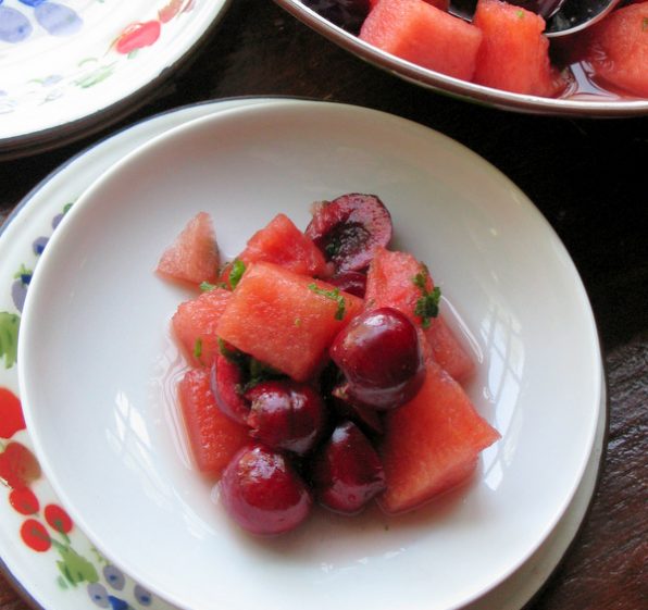 Watermelon and Sweet Cherry Salad with Fresh Mint Syrup with serving bowl