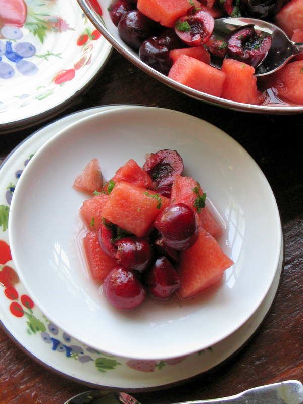 Watermelon and Sweet Cherry Salad with Fresh Mint Syrup