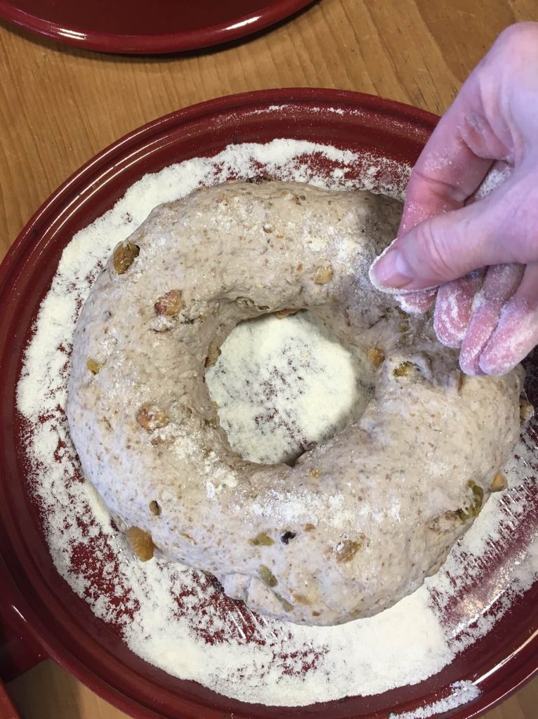 Golden Raisin Walnut Crown Loaf sprinkle-with-flour