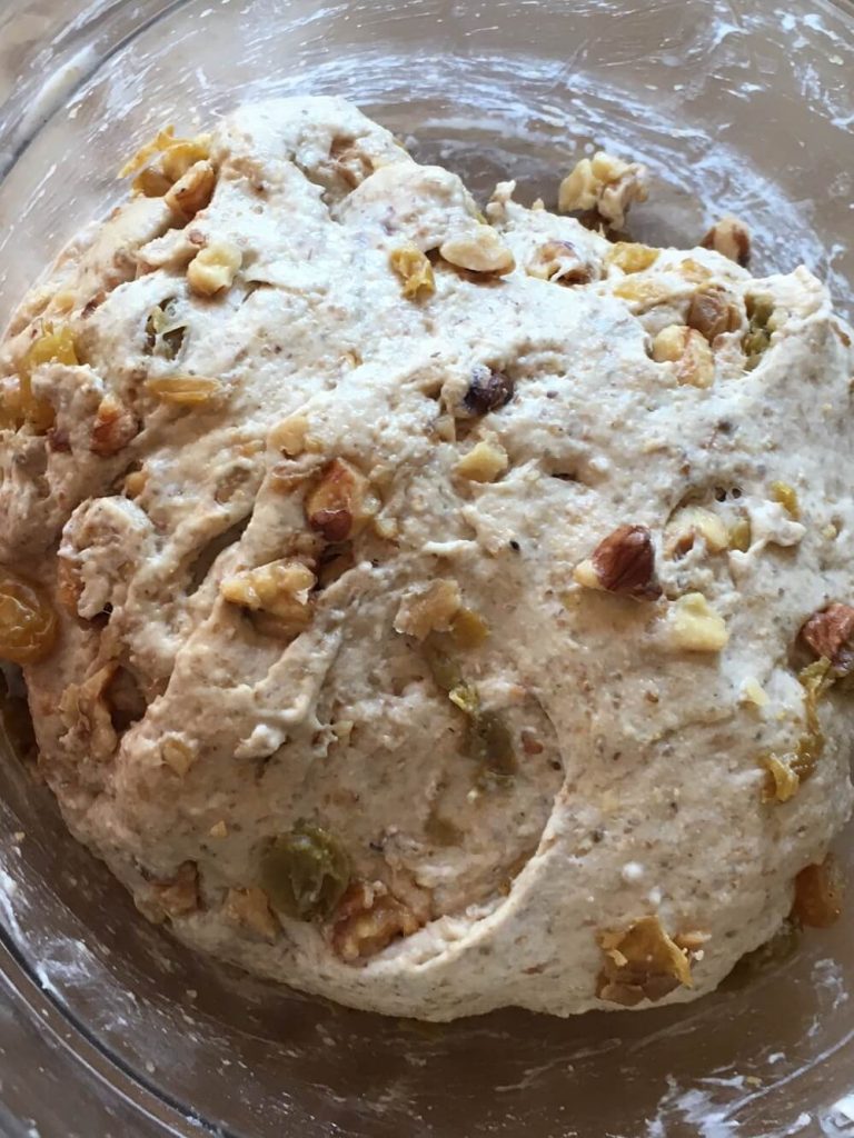 Golden Raisin Walnut Crown Loaf ready to rise