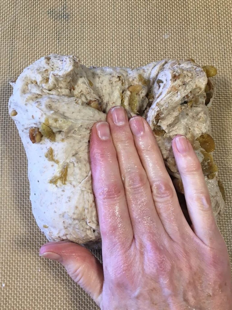 Golden Raisin Walnut Crown Loaf fold in edge