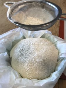 Dusting proofed no knead bread with flour before baking