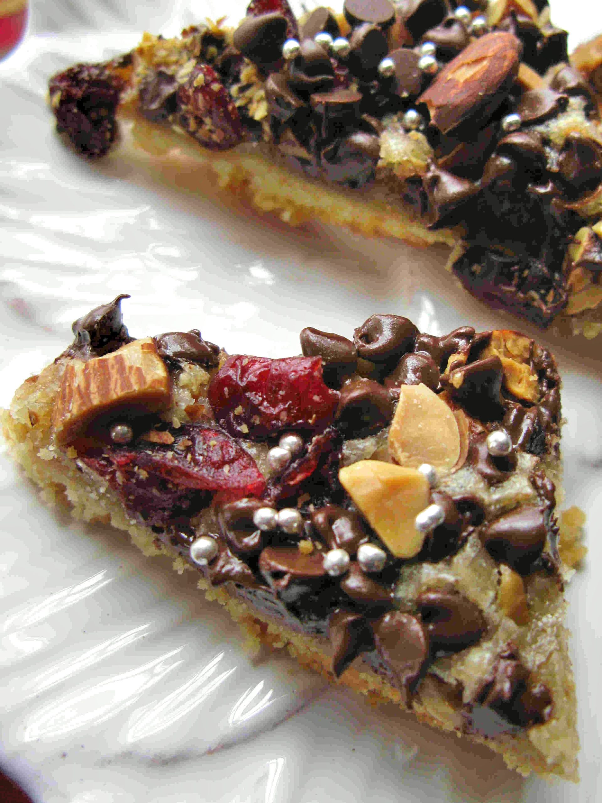 Shortbread Bars with Marzipan Cream, Chocolate and Dried Cherries