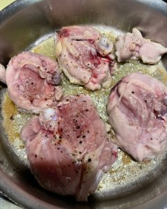 Chicken browning for Chicken Curry with Green Almonds, Carrots and Turnips